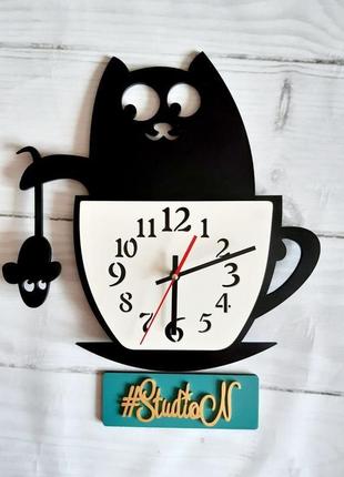 Авторские настенные часы ручной работы "кошка в чашке" 40 см