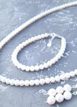 Весільний чи святковий комплект  з натуральних перлів у сріблі двійка5 фото