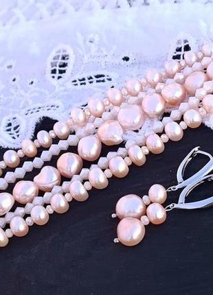 Сережки з натуральними персиковими перлами родовані3 фото