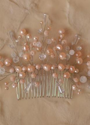 Весільний гребінь із рожевих перлів та кварцу ′каприз′3 фото
