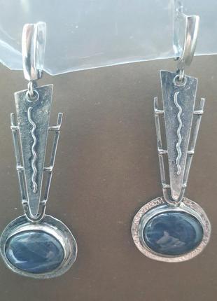 Дизайнерские серебряные оригинальные этно серьги 925 с шикарными лабрадорами10 фото