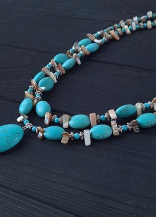 Комплект из бирюзы и натурального перламутра бусы и серьги