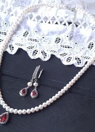 Кольє та сережки з натуральних перлів зі срібними застібками2 фото