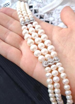 Трехрядный браслет из натурального жемчуга с кристаллами циркона