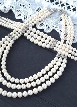 Трехрядный браслет из натурального жемчуга с кристаллами циркона