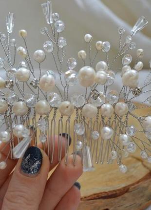 Весільний гребінь з білими перлами ′перлинна гілка′2 фото