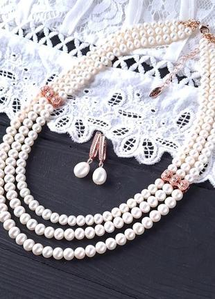 Сережки з великими натуральними перлами та кристалами2 фото