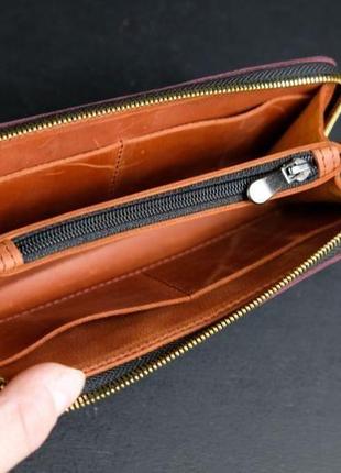 Кожаный кошелек на круговой молнии с ручкой, кожа краст, цвет бордо2 фото