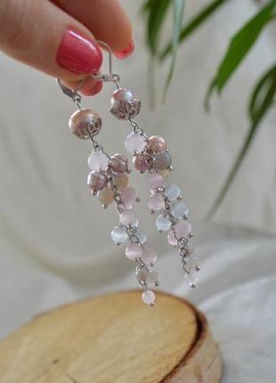 Серьги из агата, розового кварца  и жемчуга «мечты»