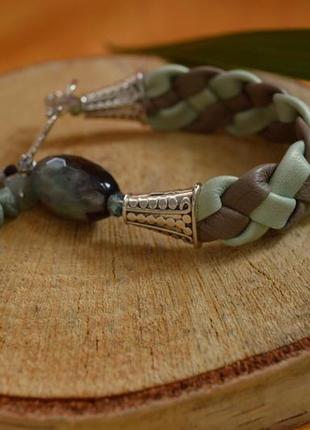 Шкіряний плетений браслет з агатом ′амазонка′1 фото
