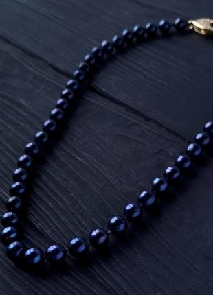 Намисто з натуральних чорних перлів у позолоті з кристалами циркону4 фото