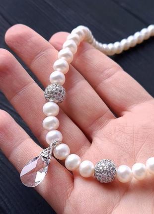 Кольє з натуральних перлів та сережки з кристалами swarovski5 фото