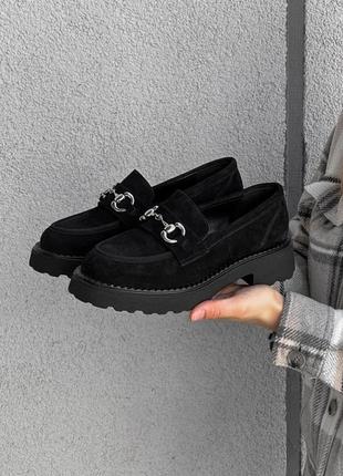 Стильные черные женские туфли-лоферы с цепью замшевые/натуральная замша-женская обувь весна-осень, деми3 фото