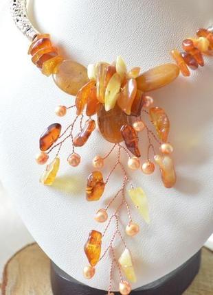 Авторське кольє-чокер з бурштину та перлів 'квітка папороті'6 фото