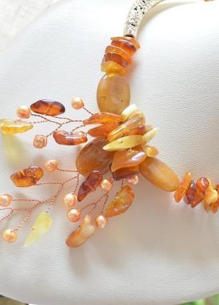 Авторське кольє-чокер з бурштину та перлів 'квітка папороті'2 фото