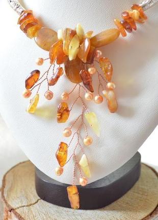 Авторское колье-чокер из янтаря и жемчуга ′цветок папоротника′4 фото