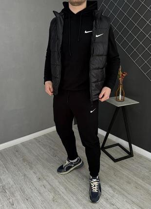 Комплект nike 3 в 1 костюм черный худи/брюки + жилетка nike