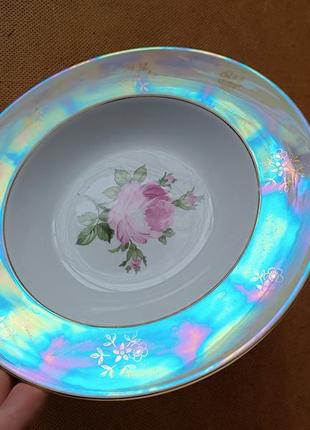 Большая тарелка с позолотой и перламутром ретро винтаж гдр кахла роза 23 см3 фото