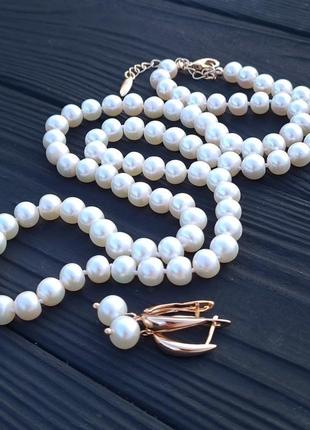 Комплект з натуральних перлів високого класу в позолоті намисто сережки2 фото