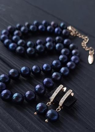 Класичне намисто з натуральних чорних перлів у позолоті4 фото