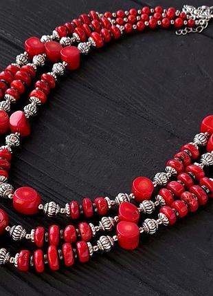 Трьохрядне намисто з натурального коралу та гематиту2 фото