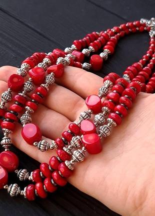 Трьохрядне намисто з натурального коралу та гематиту5 фото