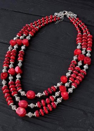 Трьохрядне намисто з натурального коралу та гематиту4 фото