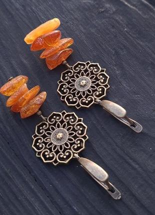 Комплект из натурального янтаря браслет и серьги "солнышко"3 фото