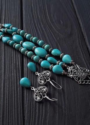 Комплект из бирюзы браслет и серьги с серебряными застежками