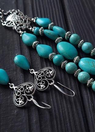 Комплект из бирюзы браслет и серьги с серебряными застежками