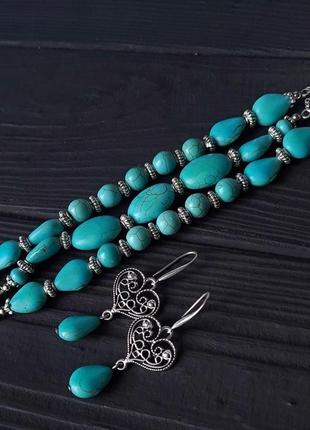 Комплект из бирюзы браслет и серьги с серебряными застежками