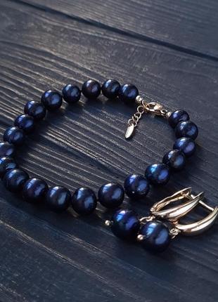 Сережки з натуральних чорних перлів у позолоті4 фото