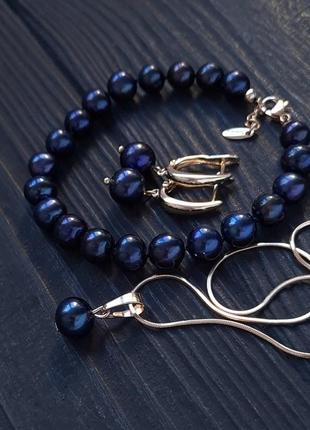 Комплект з натуральних чорних перлів браслет і сережки3 фото
