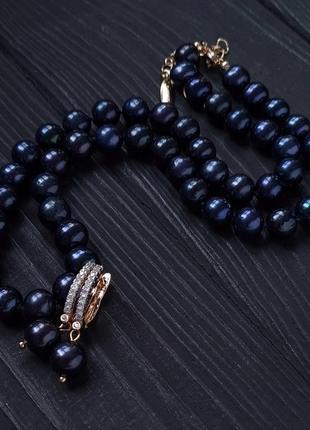 Класичний комплект з натуральних чорних перлів