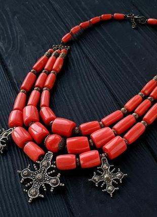 Розкішне намисто з натурального коралу кольору лосось зі згардами ручної роботи2 фото