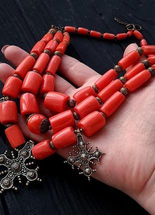Розкішне намисто з натурального коралу кольору лосось зі згардами ручної роботи6 фото