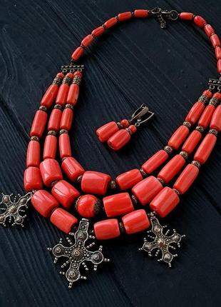 Розкішне намисто з натурального коралу кольору лосось зі згардами ручної роботи4 фото