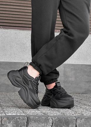 Женские черные стильные дышащие кроссовки демисезон на высокой платформе, кожаные/натуральная кожа/сетка7 фото
