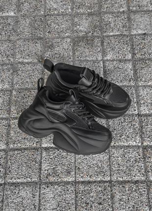 Женские черные стильные дышащие кроссовки демисезон на высокой платформе, кожаные/натуральная кожа/сетка2 фото