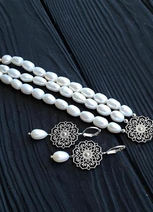 Комплект з натуральних перлів браслет сережки