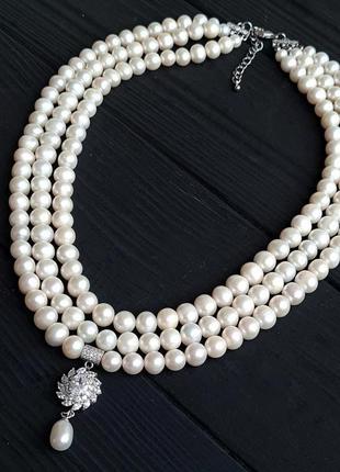 Роскошная классика бусы из натурального жемчуга с цирконами