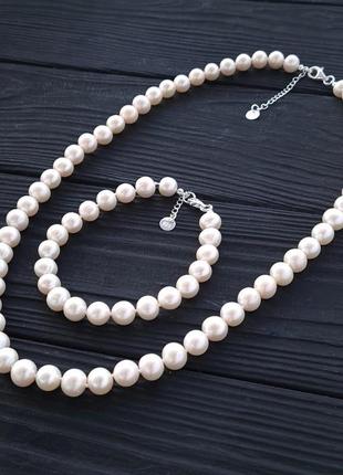 Намисто браслет та сережки з натуральних перлів у сріблі7 фото