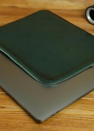Чохол для macbook з повстяною підкладкою на блискавці, шкіра італійський краст, колір зелений3 фото