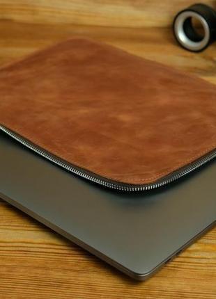 Чехол для macbook с войлочной подкладкой на молнии, винтажная кожа crazy horse, цвет коньяк4 фото
