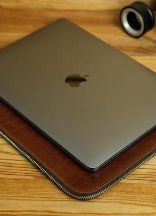 Чохол для macbook з повстяною підкладкою на блискавці, шкіра пуллап віібиток №2, колір коньяк5 фото