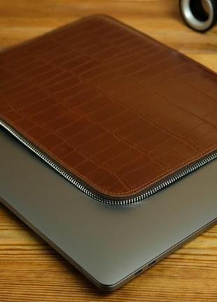 Чохол для macbook з повстяною підкладкою на блискавці, шкіра пуллап віібиток №2, колір коньяк4 фото