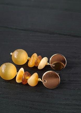 Серьги из натурального янтаря з кошачьим глазом
