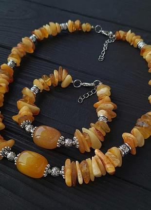 Стильные бусы и серьги из натурального янтаря и кварца "подсолнух"