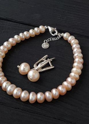 Срібні сережки з натуральними персиковими перлами2 фото