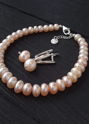 Срібні сережки з натуральними персиковими перлами3 фото